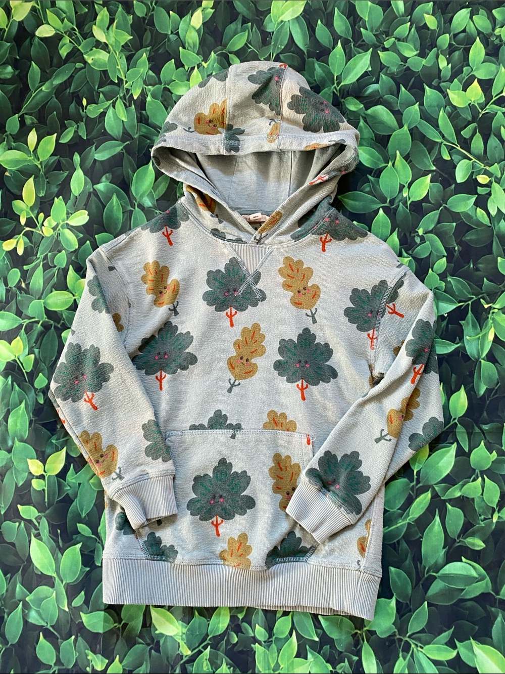 Boden Light Gray Hooded Sweater with Green and Mustard Oak Print